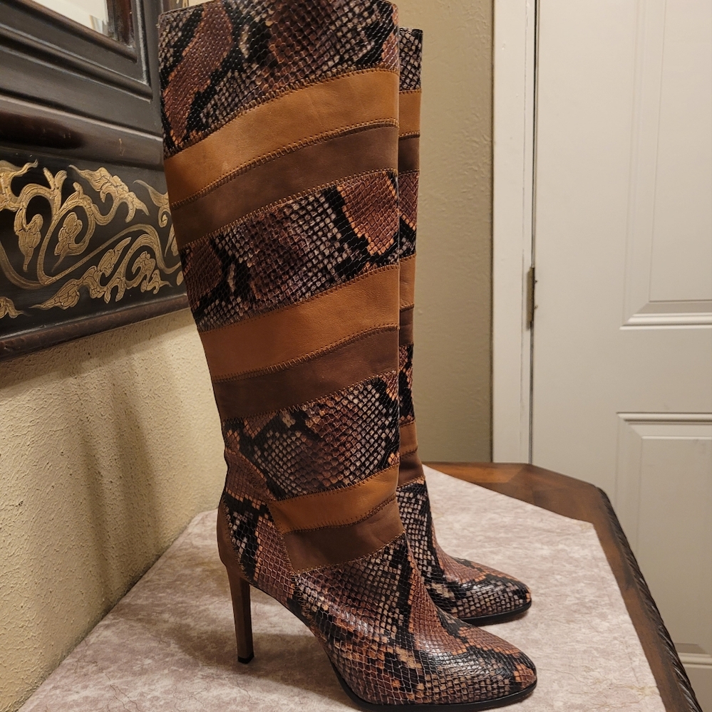 Vince Camuto Brown and Black Heeled Boots with Snakeskin Pattern